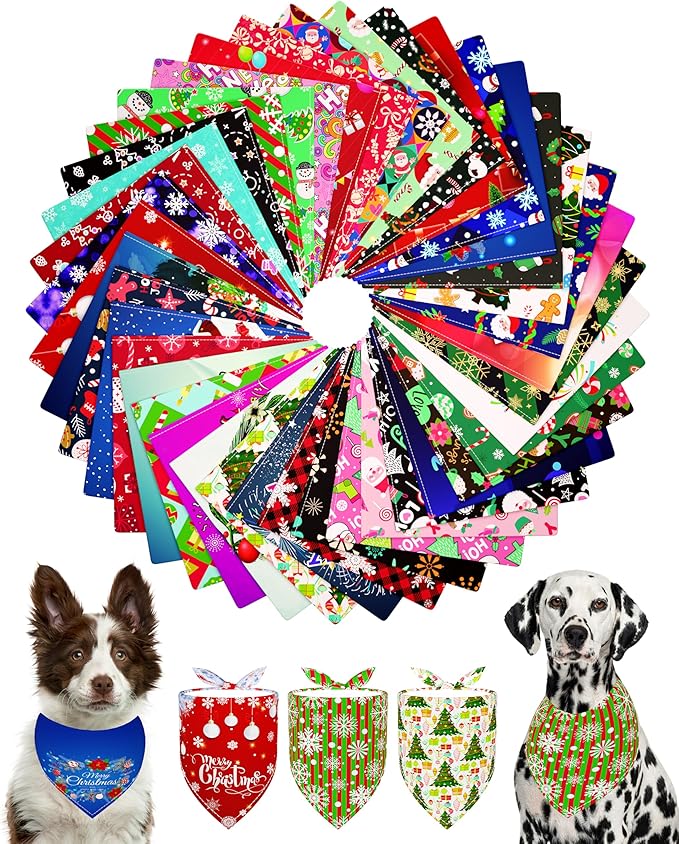PET SHOW 50 Pack Christmas Big Dog Bandanas Bulk XL Washable Happy New Year by PETSHOW