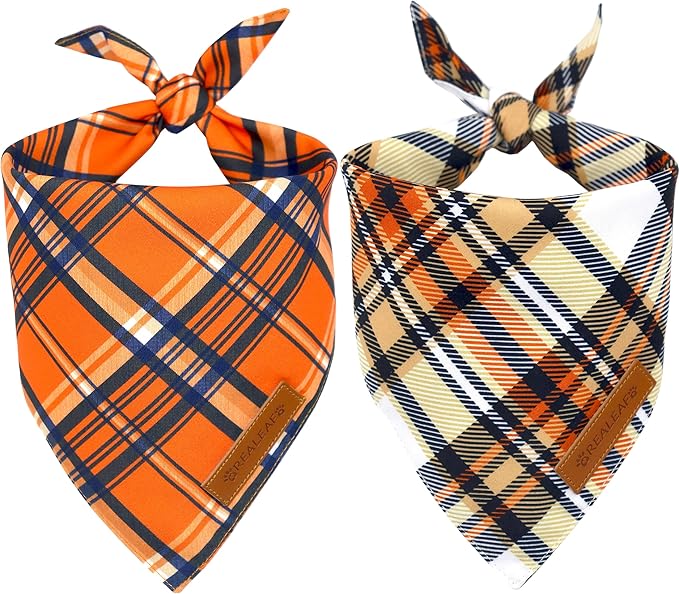Realeaf Fall Dog Bandanas 2 Pack, Reversible Orange Plaid Holiday Pet Scarf by Realeaf