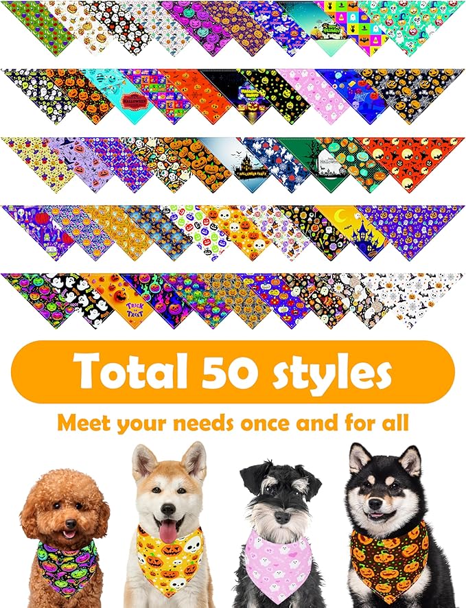 PET SHOW 50 Pack Halloween Big Dog Bandanas Bulk XL Washable Triangle Bibs - Image 3