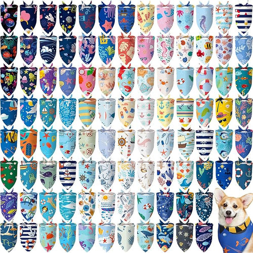 150 Pcs Ocean Dog Bandanas Bulk Summer Pet Bibs Triangle Ocean Themed Pet Scarf by Huhumy