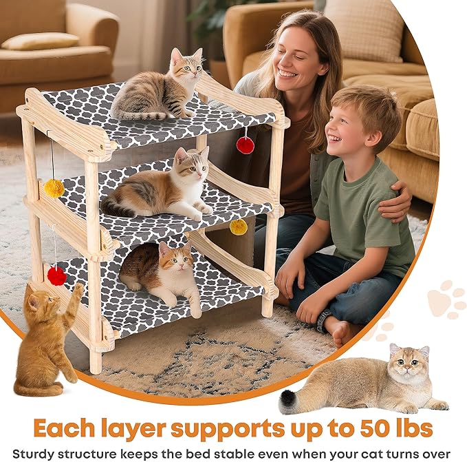 Large 3-Layer Cat Hammock Bed, Breathable Washable Covers, Wooden Pet Furniture - Image 5