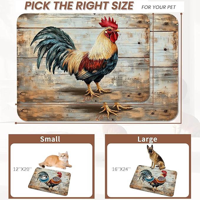 Rooster Dog Food Mat for Floors, Vintage Wood Panel Absorbent Quick-Dry Pet - Image 2