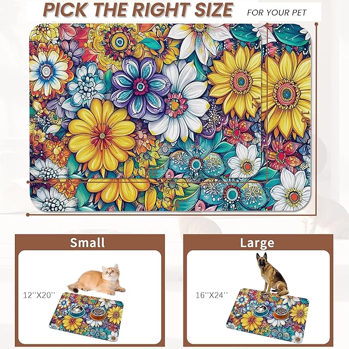 Floral Dog Food Mat for Floors, Cute Mandala Flower Absorbent Quick-Dry Pet - Image 2