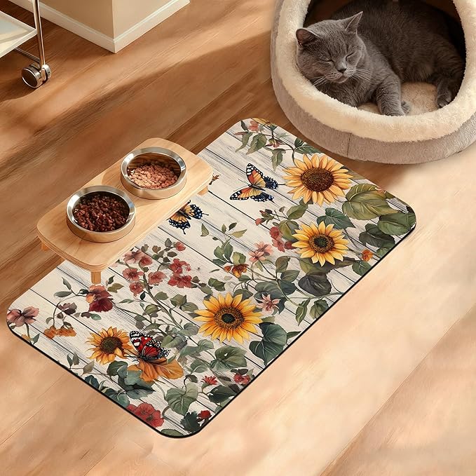 Pet Feeding Mat, Vintage Flower Absorbent Dog Cat Food Mat Rustic Wooden Dog Mat by Unknown